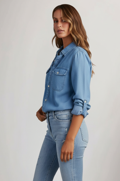 Alethea | Women’s Classic Button-Front Light Blue Denim Shirt with Long Sleeves