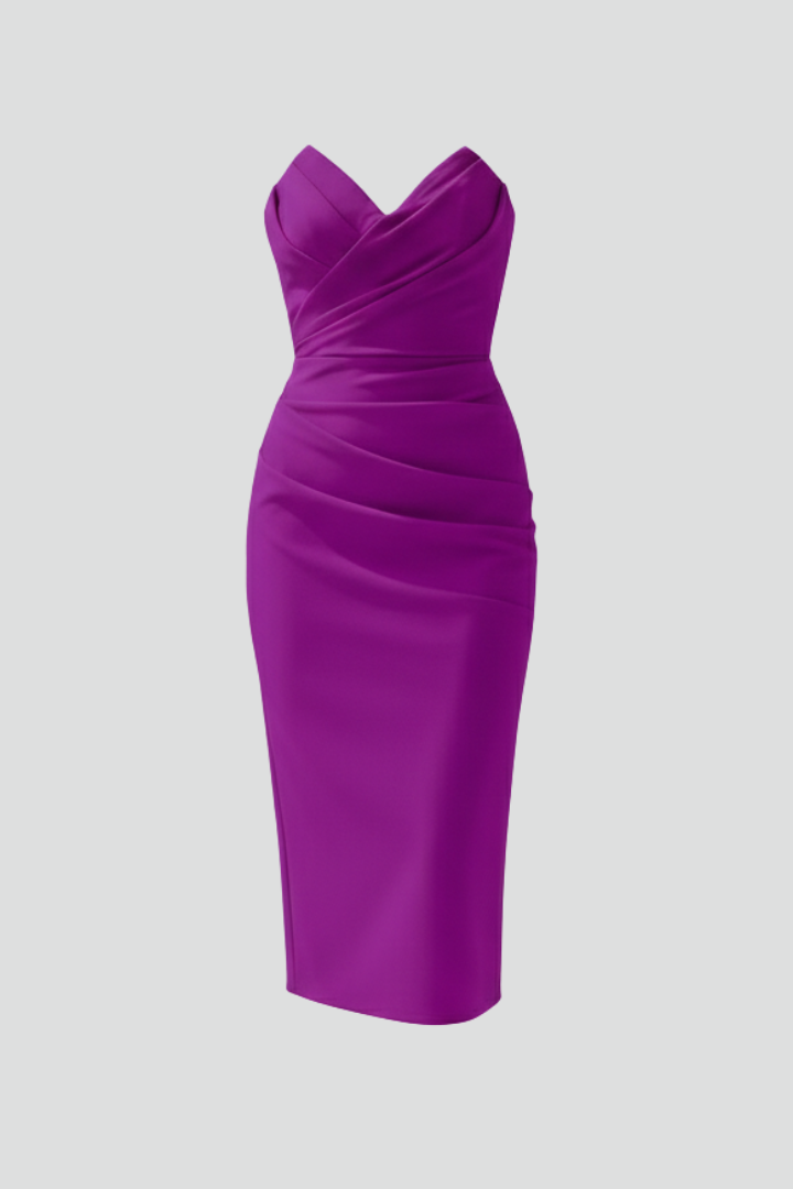 Astrid | Women’s Strapless Ruched Skirt Magenta Midi Dress
