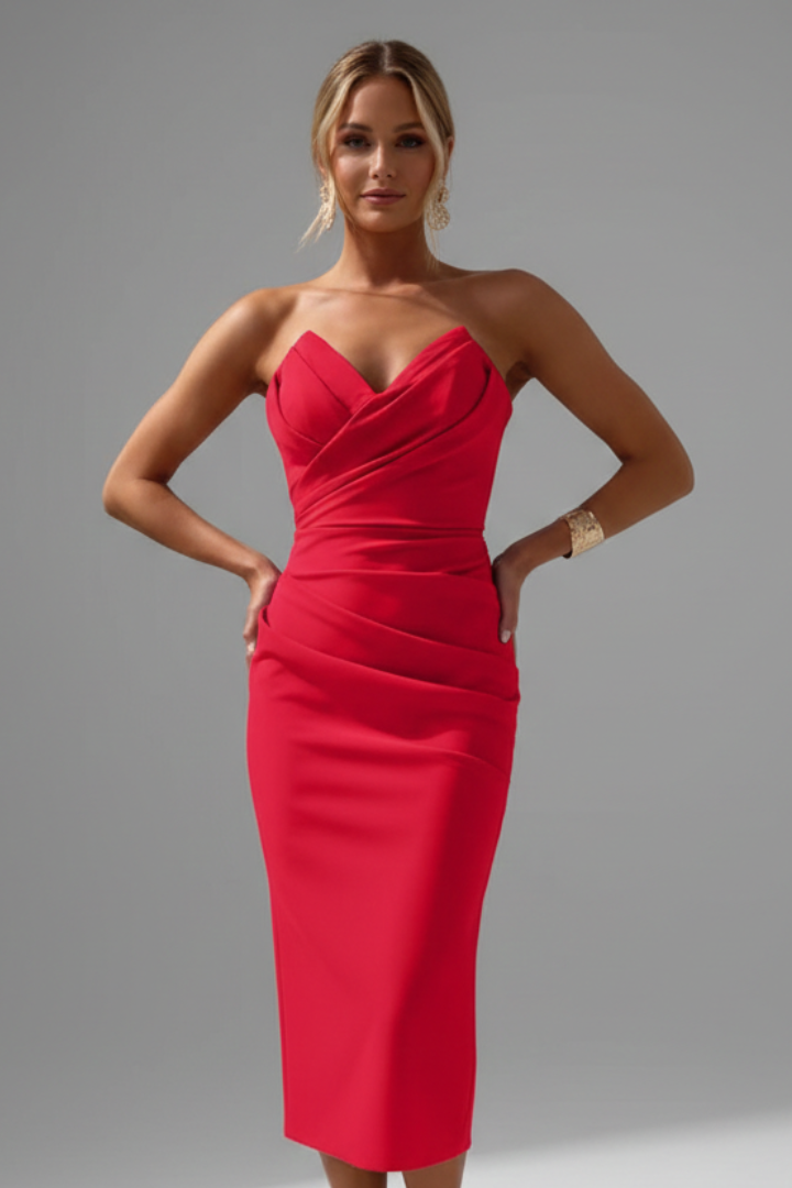 Astrid | Women’s Strapless Ruched Skirt Magenta Midi Dress