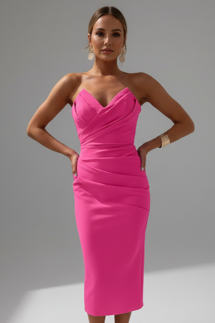 Astrid | Women’s Strapless Ruched Skirt Magenta Midi Dress