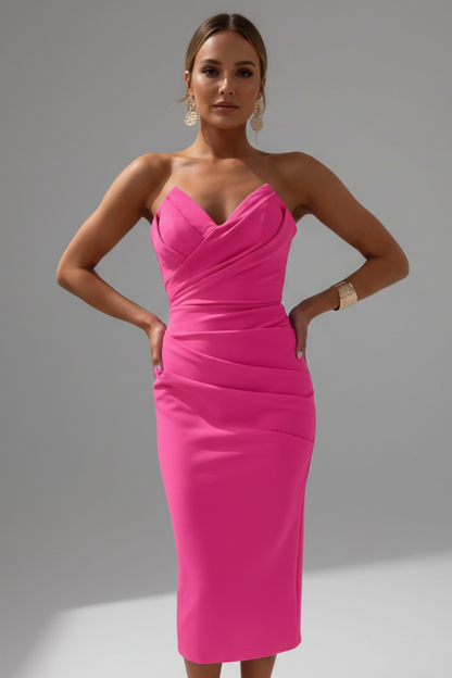 Astrid | Women’s Strapless Ruched Skirt Magenta Midi Dress