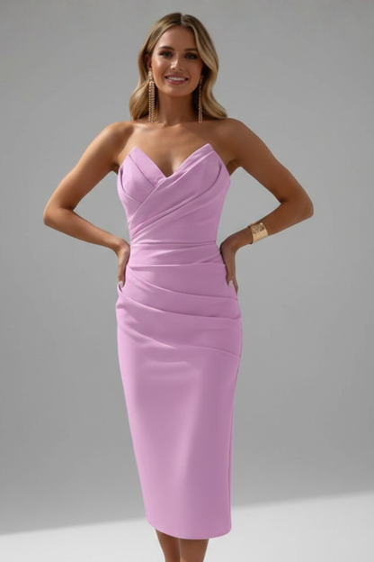 Astrid | Women’s Strapless Ruched Skirt Magenta Midi Dress