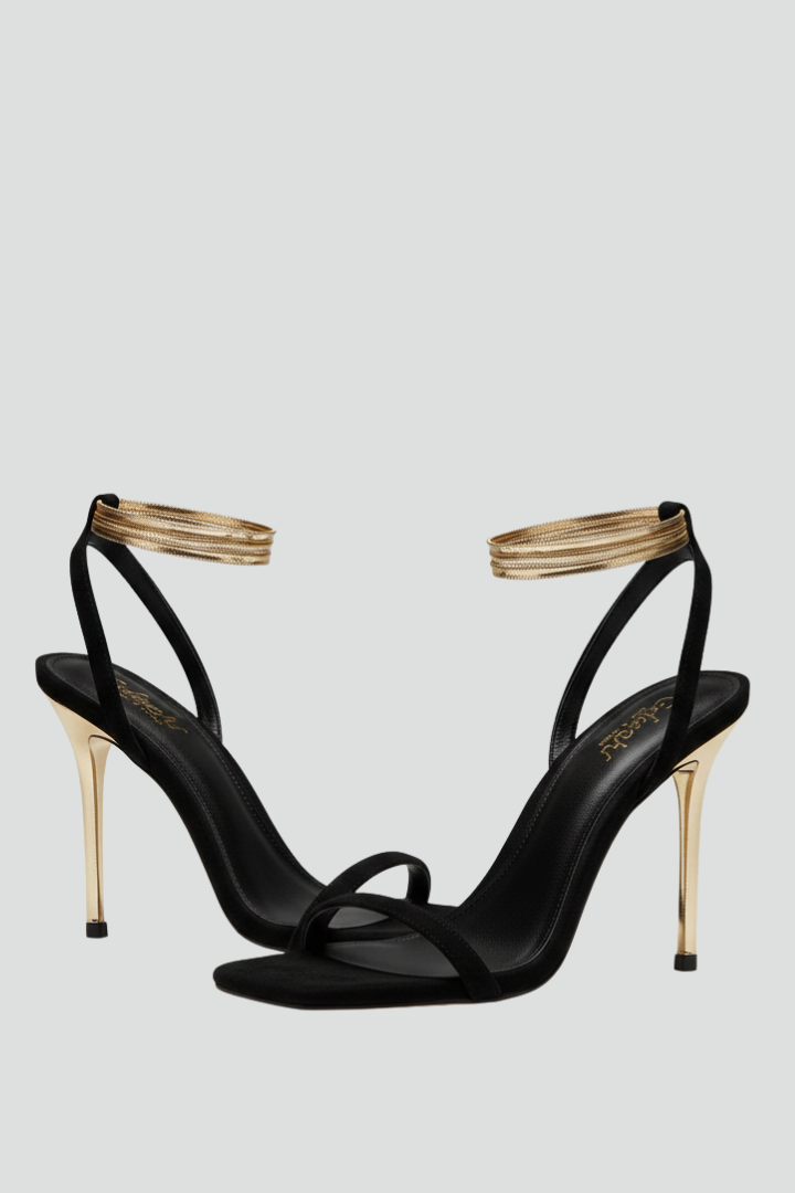 Calista | Women’s Thin Strap High Heel Ankle Sandals in Black Leather