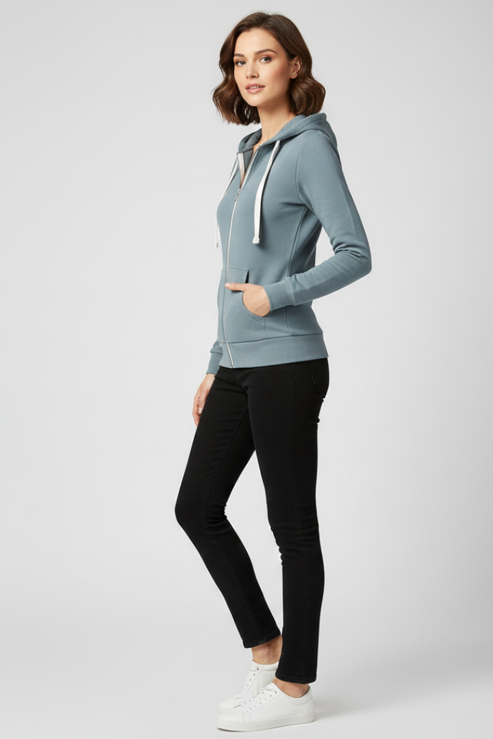 Astrid | Soft Blue Women's Hoodie with Front Zipper and Kangaroo Pockets