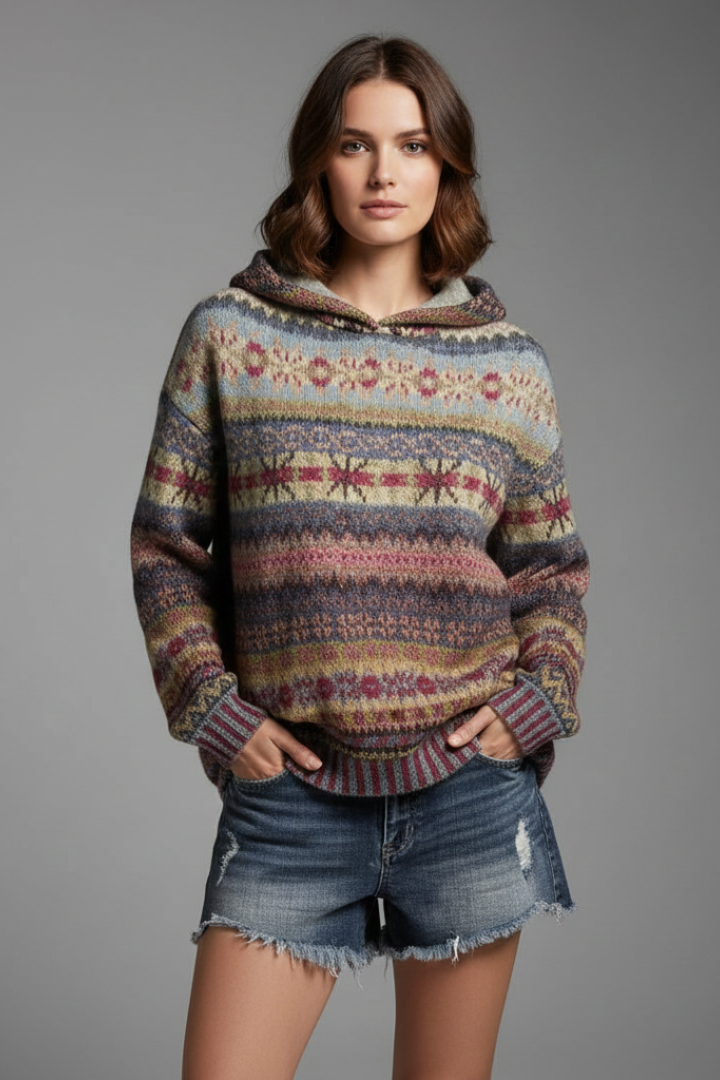 Willow | Women's Multicolor Knit Hoodie with Hood and Ribbed Cuffs