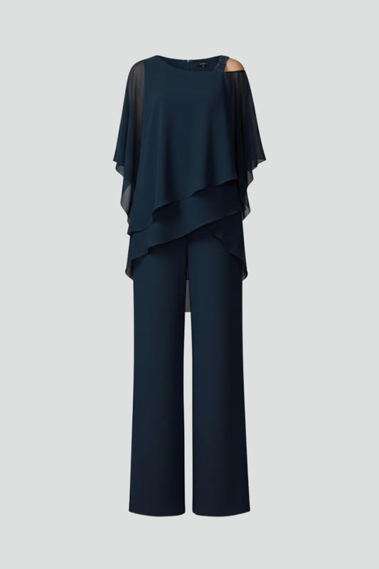 Astrid | Women’s Cold-Shoulder Flowing Wide-Leg Jumpsuit in Navy Blue
