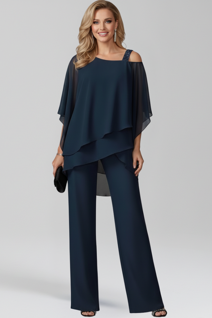 Astrid | Women’s Cold-Shoulder Flowing Wide-Leg Jumpsuit in Navy Blue
