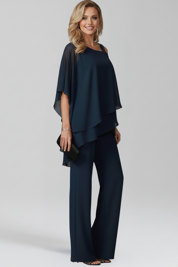 Astrid | Women’s Cold-Shoulder Flowing Wide-Leg Jumpsuit in Navy Blue