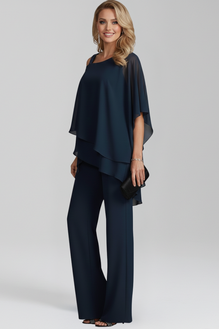 Astrid | Women’s Cold-Shoulder Flowing Wide-Leg Jumpsuit in Navy Blue