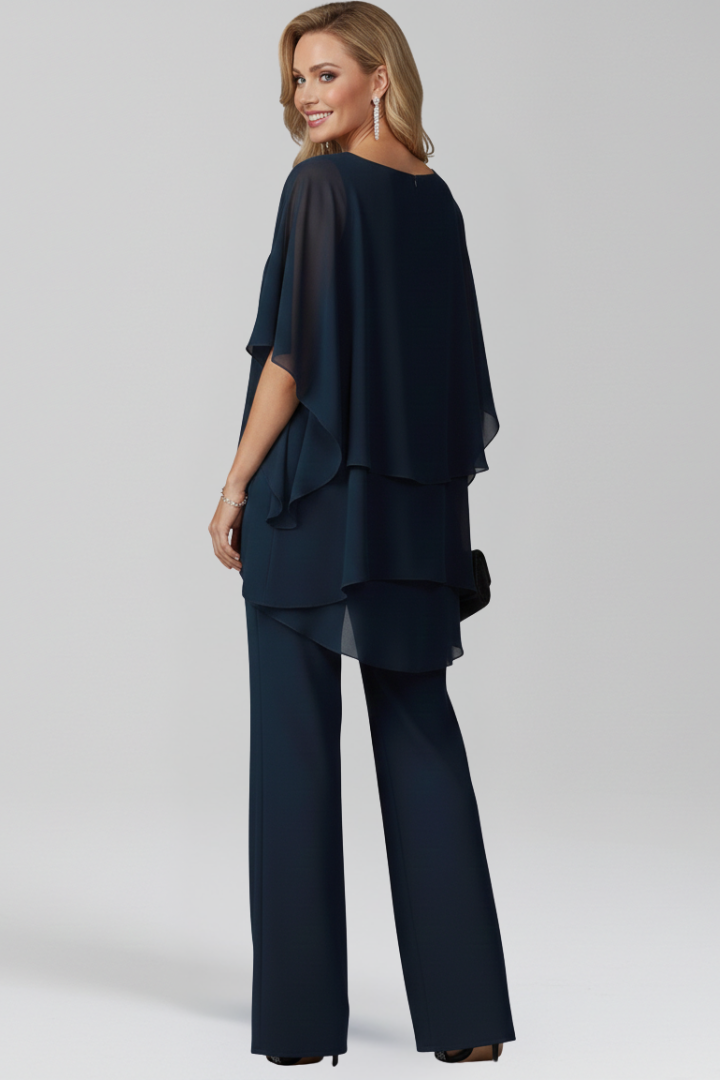 Astrid | Women’s Cold-Shoulder Flowing Wide-Leg Jumpsuit in Navy Blue