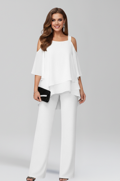 Astrid | Women’s Cold-Shoulder Flowing Wide-Leg Jumpsuit in Navy Blue