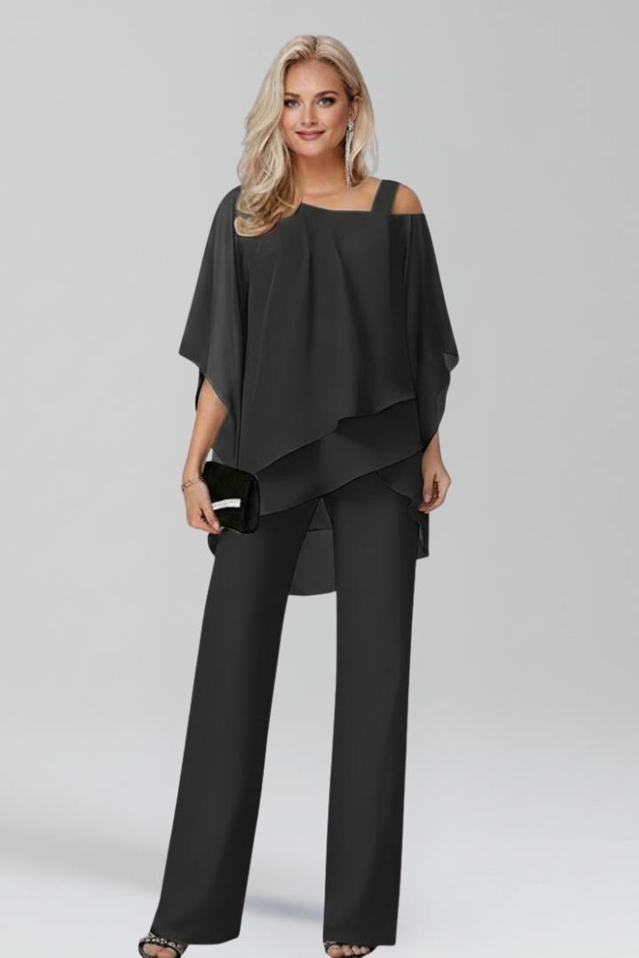 Astrid | Women’s Cold-Shoulder Flowing Wide-Leg Jumpsuit in Navy Blue