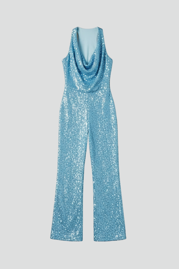 Astrid | Women’s Halter Neck Textured Wide-Leg Jumpsuit in Sparkling Sky Blue