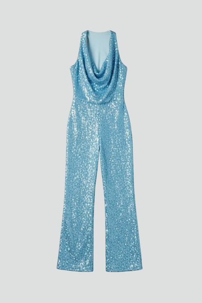 Astrid | Women’s Halter Neck Textured Wide-Leg Jumpsuit in Sparkling Sky Blue