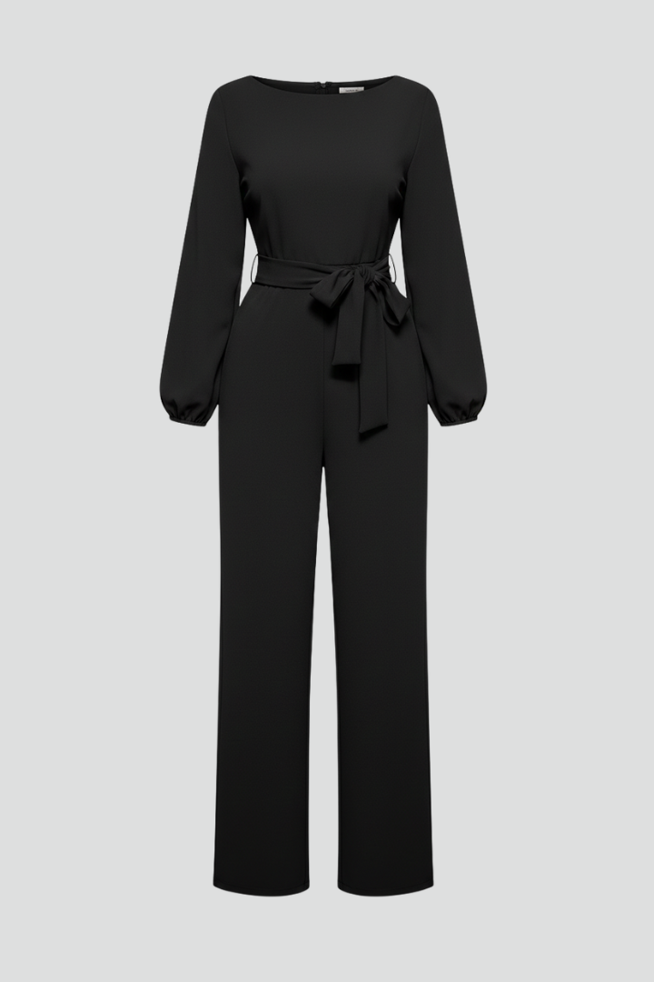 Alethea | Women’s Round-Neck Tie-Waist Classic Jumpsuit in Black