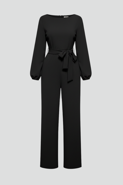 Alethea | Women’s Round-Neck Tie-Waist Classic Jumpsuit in Black