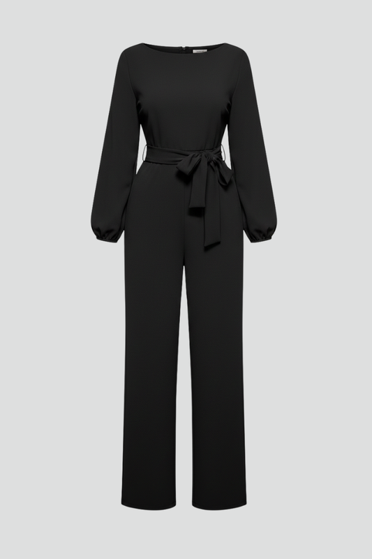 Alethea | Women’s Round-Neck Tie-Waist Classic Jumpsuit in Black
