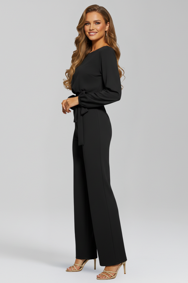 Alethea | Women’s Round-Neck Tie-Waist Classic Jumpsuit in Black