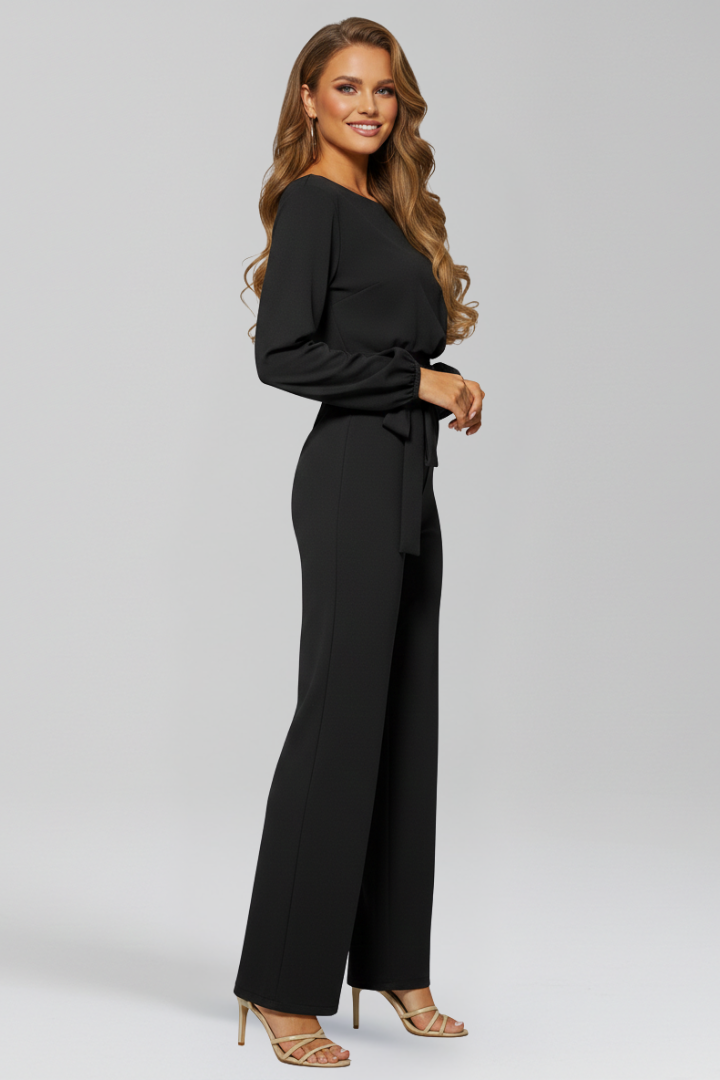 Alethea | Women’s Round-Neck Tie-Waist Classic Jumpsuit in Black