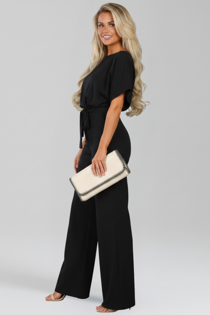 Women’s Tie-Belt Wide-Leg Classic Jumpsuit in Black