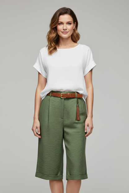Astrid | Women’s High Waist Tailored Casual Cuffed Olive Green Shorts
