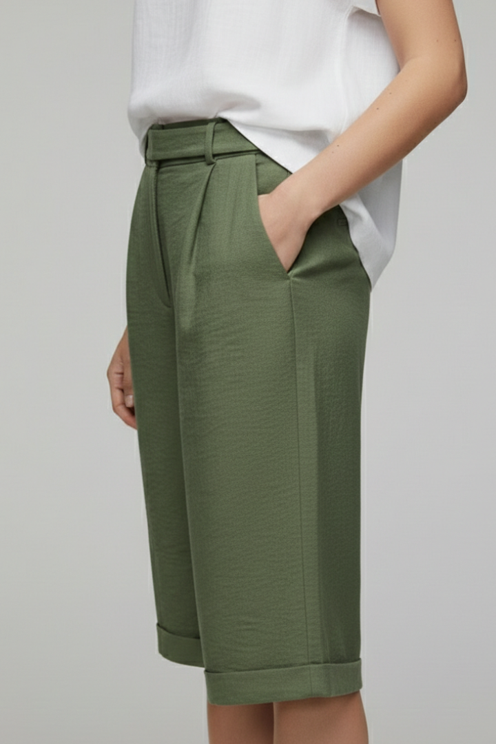 Astrid | Women’s High Waist Tailored Casual Cuffed Olive Green Shorts