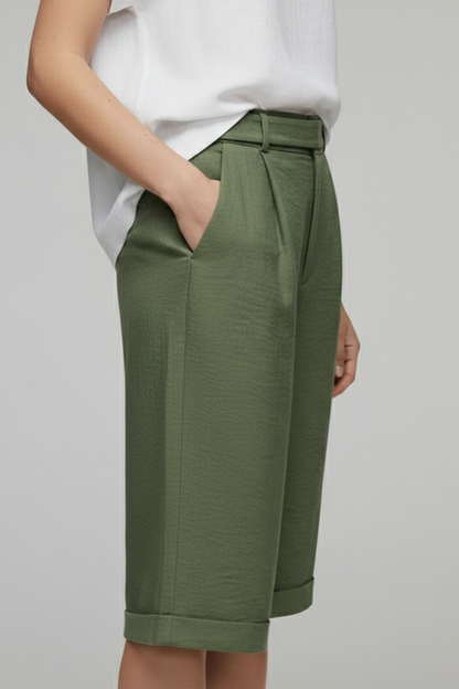 Astrid | Women’s High Waist Tailored Casual Cuffed Olive Green Shorts