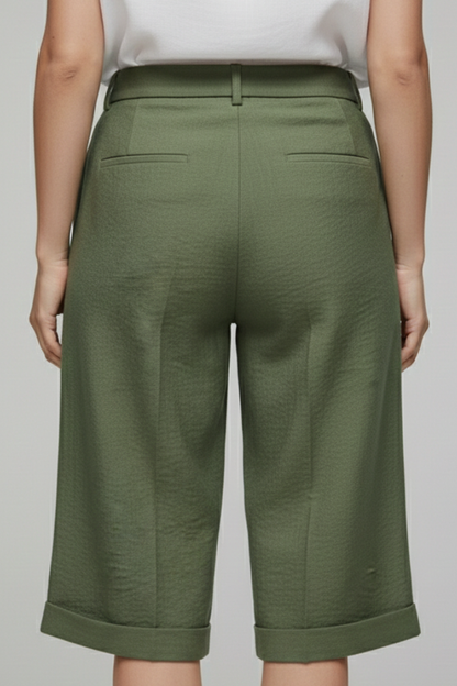 Astrid | Women’s High Waist Tailored Casual Cuffed Olive Green Shorts