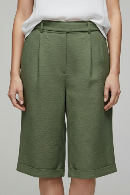 Astrid | Women’s High Waist Tailored Casual Cuffed Olive Green Shorts