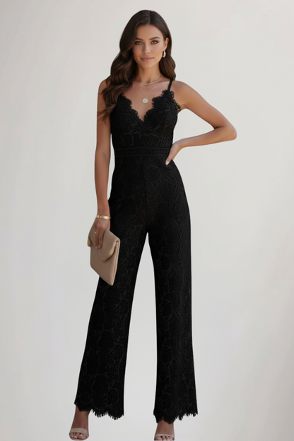 Alethea | Women’s Sleeveless Lace V-Neck Wide-Leg Jumpsuit in White