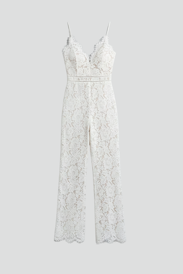 Alethea | Women’s Sleeveless Lace V-Neck Wide-Leg Jumpsuit in White