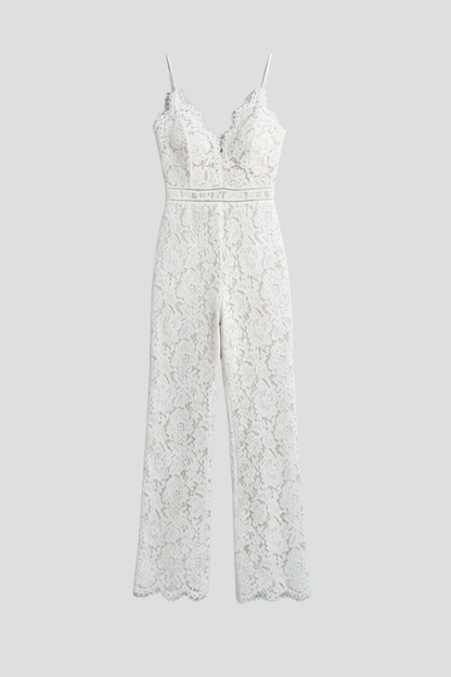 Alethea | Women’s Sleeveless Lace V-Neck Wide-Leg Jumpsuit in White
