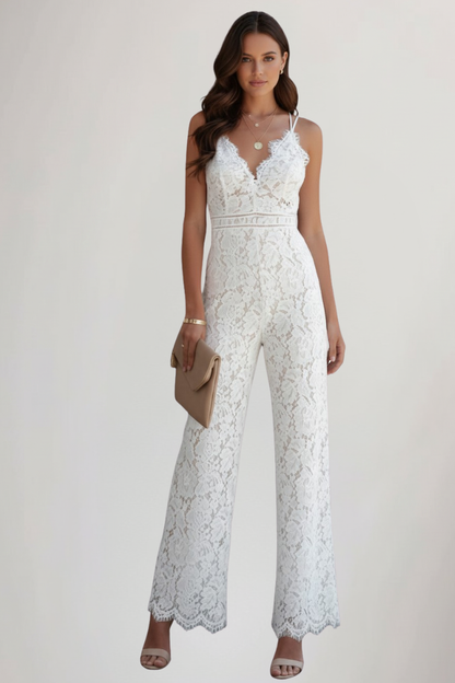 Alethea | Women’s Sleeveless Lace V-Neck Wide-Leg Jumpsuit in White