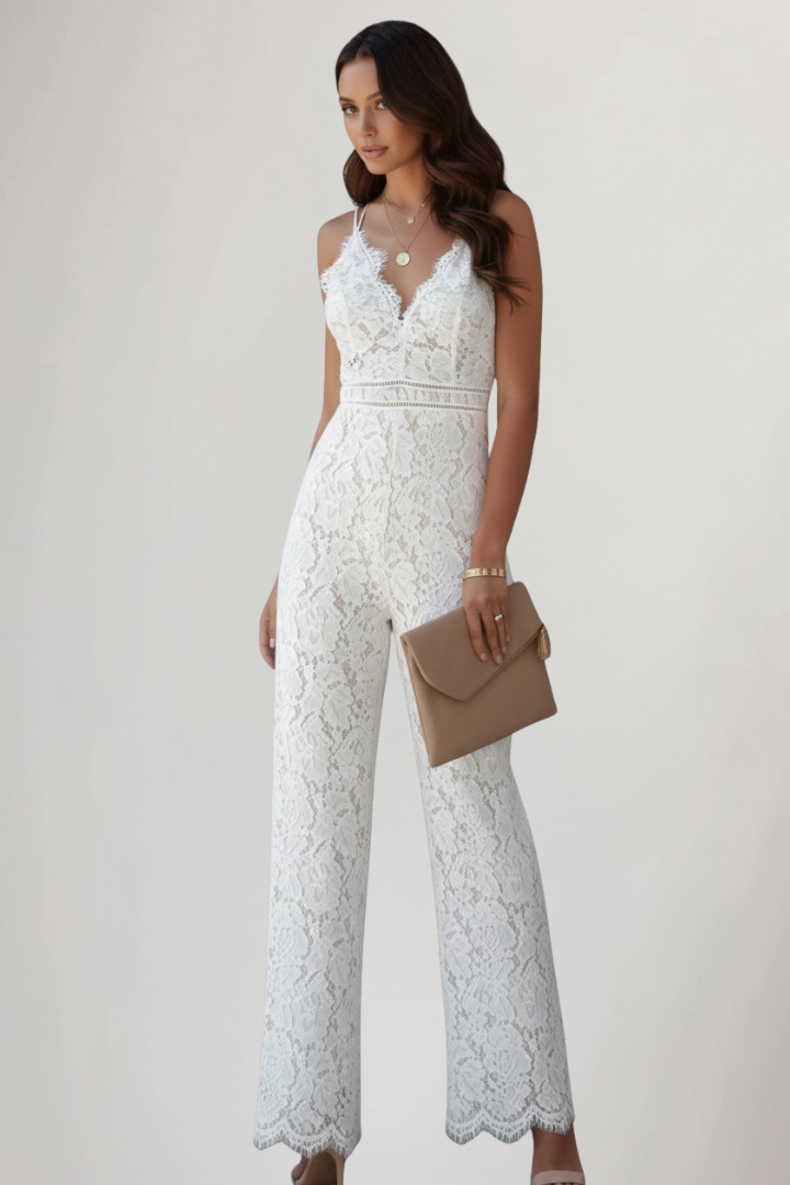 Alethea | Women’s Sleeveless Lace V-Neck Wide-Leg Jumpsuit in White
