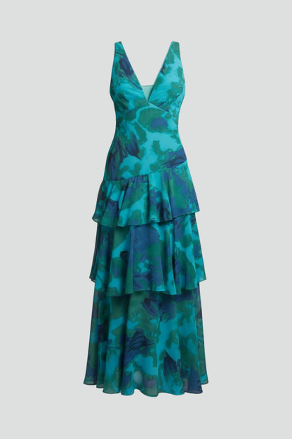 Calista | Women’s V-Neck Tiered Skirt Maxi Dress in Vibrant Teal Floral