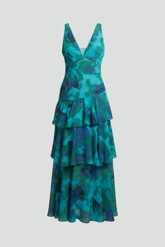Calista | Women’s V-Neck Tiered Skirt Maxi Dress in Vibrant Teal Floral