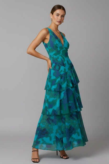 Calista | Women’s V-Neck Tiered Skirt Maxi Dress in Vibrant Teal Floral