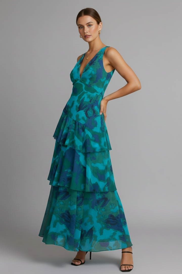 Calista | Women’s V-Neck Tiered Skirt Maxi Dress in Vibrant Teal Floral