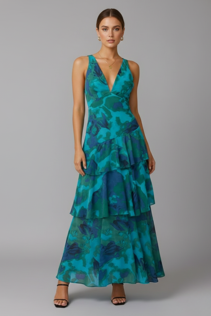 Calista | Women’s V-Neck Tiered Skirt Maxi Dress in Vibrant Teal Floral