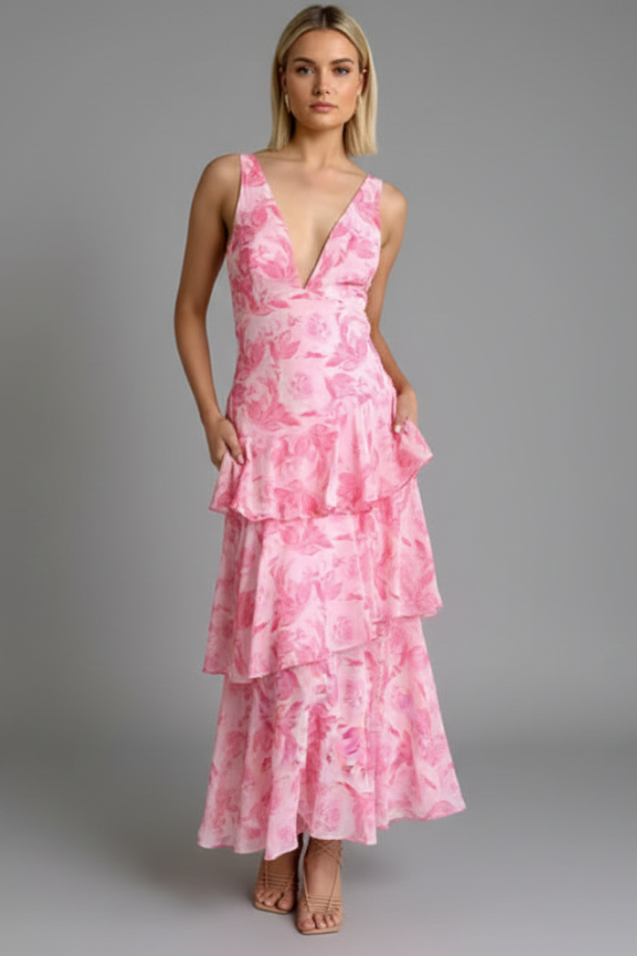 Calista | Women’s V-Neck Tiered Skirt Maxi Dress in Vibrant Teal Floral