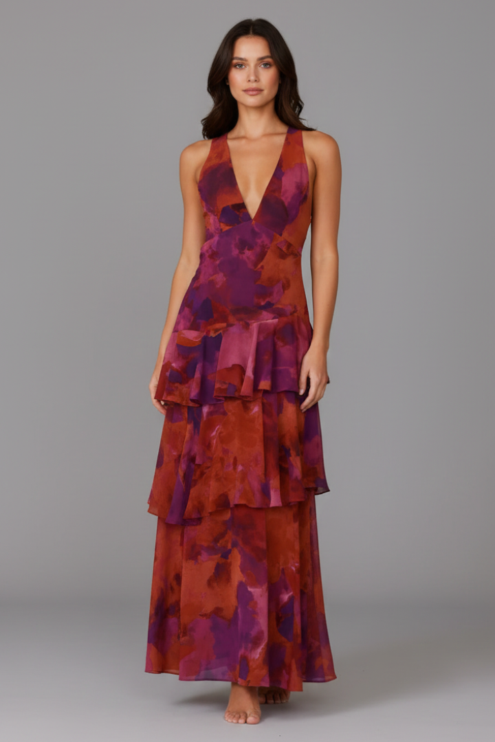 Calista | Women’s V-Neck Tiered Skirt Maxi Dress in Vibrant Teal Floral