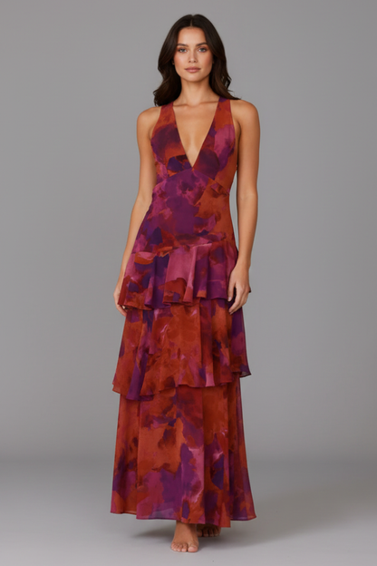 Calista | Women’s V-Neck Tiered Skirt Maxi Dress in Vibrant Teal Floral