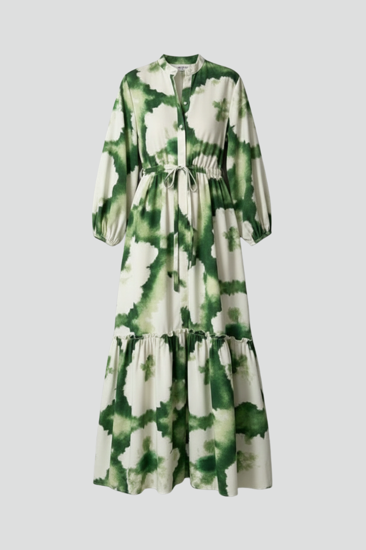 Calista | Elegant Green Tie-Dye Women's Long Sleeve Printed Maxi Dress with V-Neck
