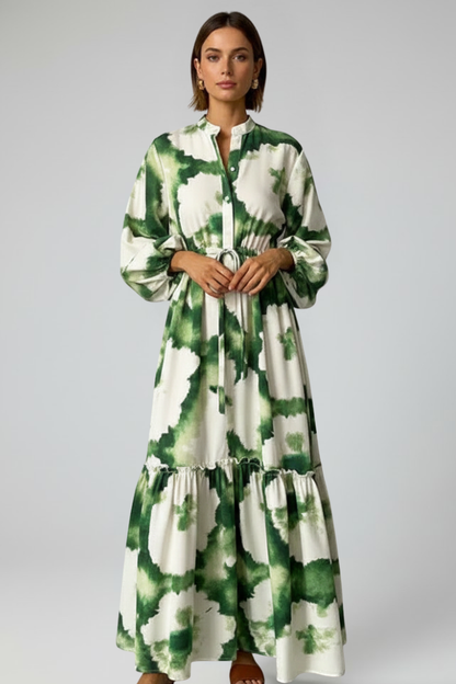 Calista | Elegant Green Tie-Dye Women's Long Sleeve Printed Maxi Dress with V-Neck