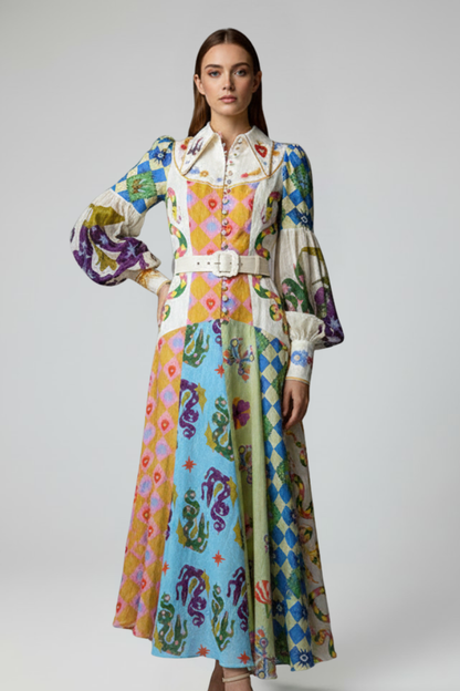 Calista | Elegant Green Tie-Dye Women's Long Sleeve Printed Maxi Dress with V-Neck
