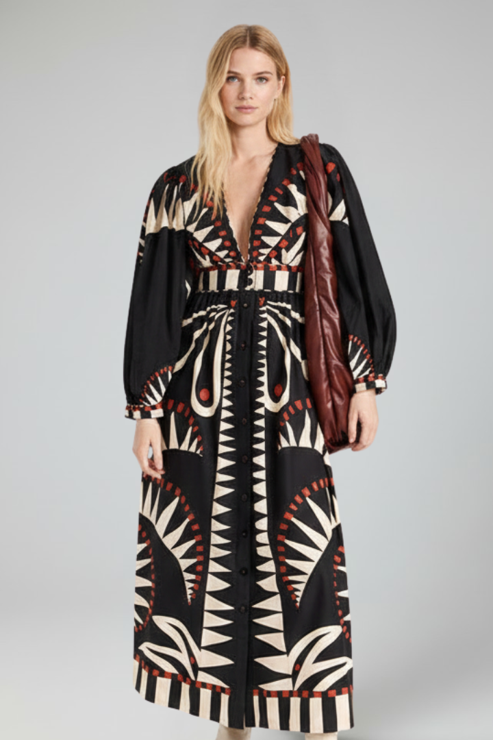 Calista | Elegant Green Tie-Dye Women's Long Sleeve Printed Maxi Dress with V-Neck