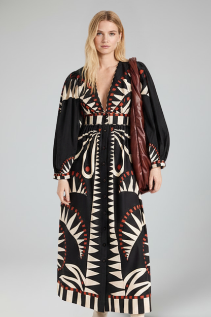 Calista | Elegant Green Tie-Dye Women's Long Sleeve Printed Maxi Dress with V-Neck