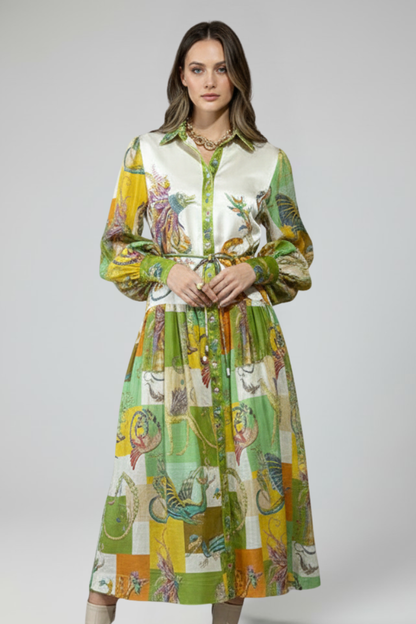 Calista | Elegant Green Tie-Dye Women's Long Sleeve Printed Maxi Dress with V-Neck