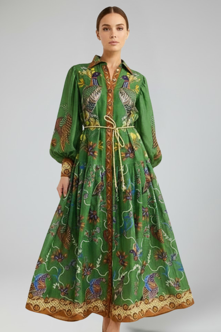 Calista | Elegant Green Tie-Dye Women's Long Sleeve Printed Maxi Dress with V-Neck