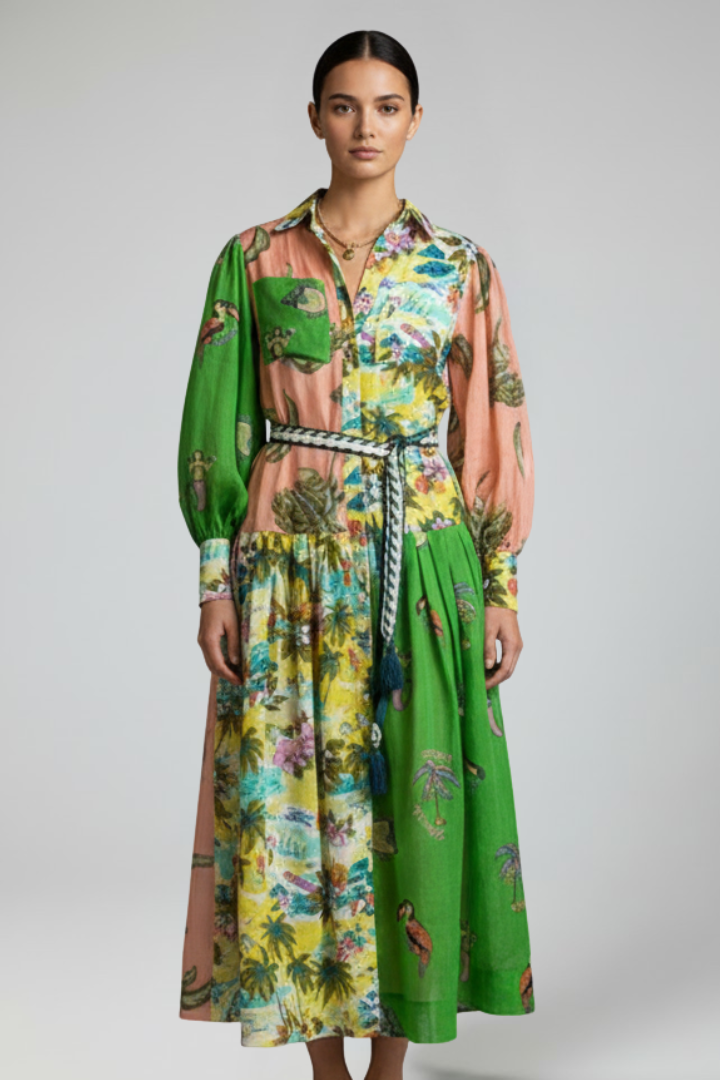 Calista | Elegant Green Tie-Dye Women's Long Sleeve Printed Maxi Dress with V-Neck
